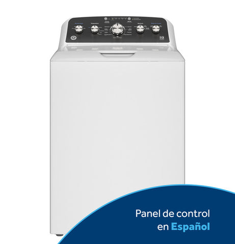 GE® 4.5 Cu. Ft. Capacity Washer with Spanish Panel and Wash Modes Soak and Power in White w/ Black Matte Backsplash